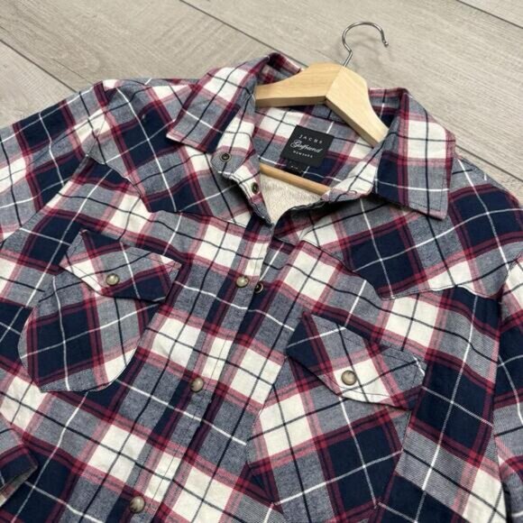 Jachs Girlfriend Sherpa Lined Flannel Shirt Overshirt Plaid Red Navy White Sz L - Picture 4 of 10